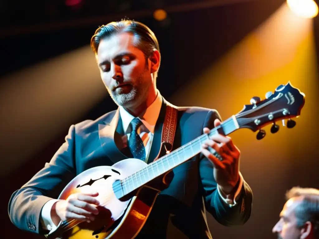 Un músico habilidoso tocando la mandolina en un vibrante concierto de bluegrass