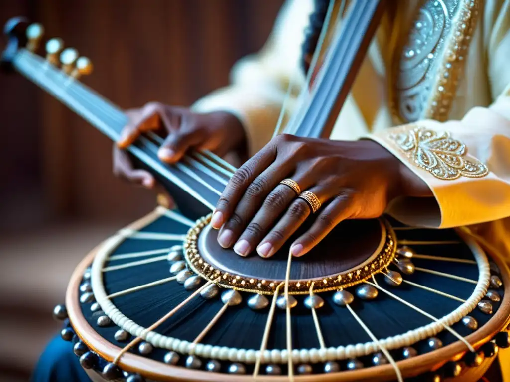 Un músico habilidoso toca el rebab árabe, sus manos adornadas con anillos, mientras la audiencia se sumerge en la historia y sonido del instrumento