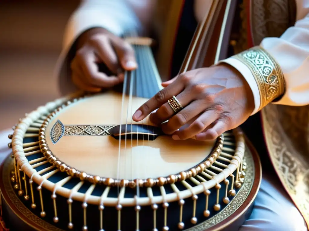 Un músico habilidoso toca el rebab árabe, sus manos adornadas con anillos, iluminadas suavemente, contando la historia y sonido del rebab árabe