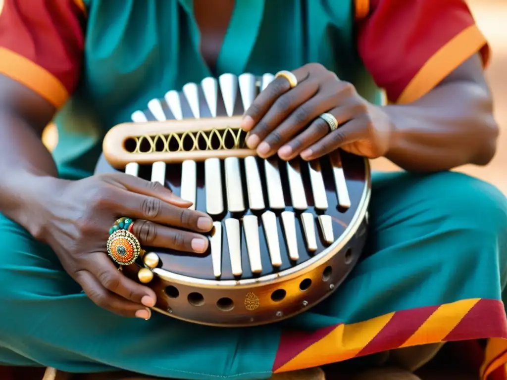 Un músico habilidoso toca el mbira de Zimbabue, mostrando destreza y expresión