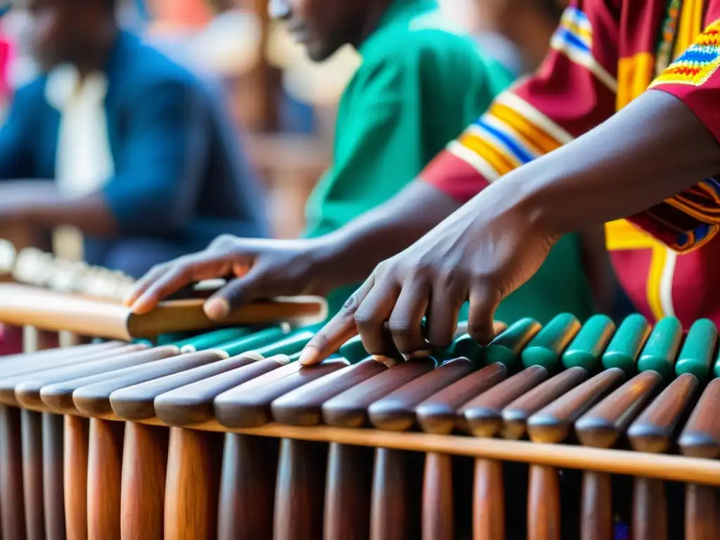 Un músico habilidoso toca el Gyil en un mercado vibrante, mostrando la conexión espiritual y cultural de la marimba Lobi