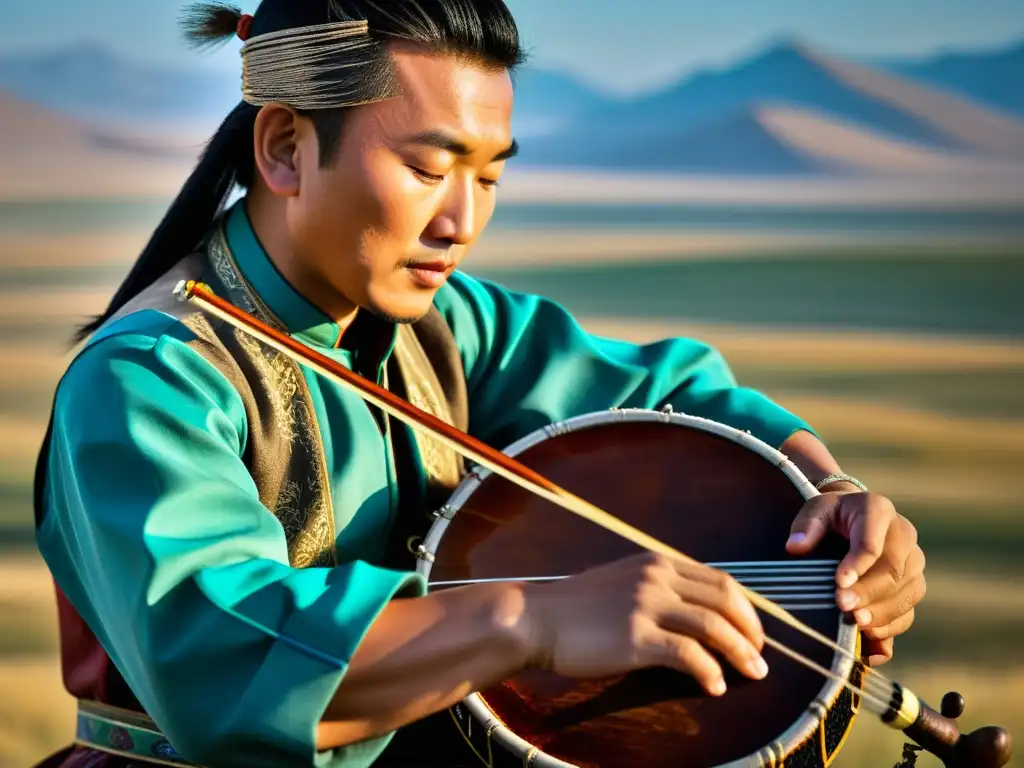 Un músico habilidoso toca el Morin Khuur en la vasta estepa de Mongolia, fusionando tradición y modernidad