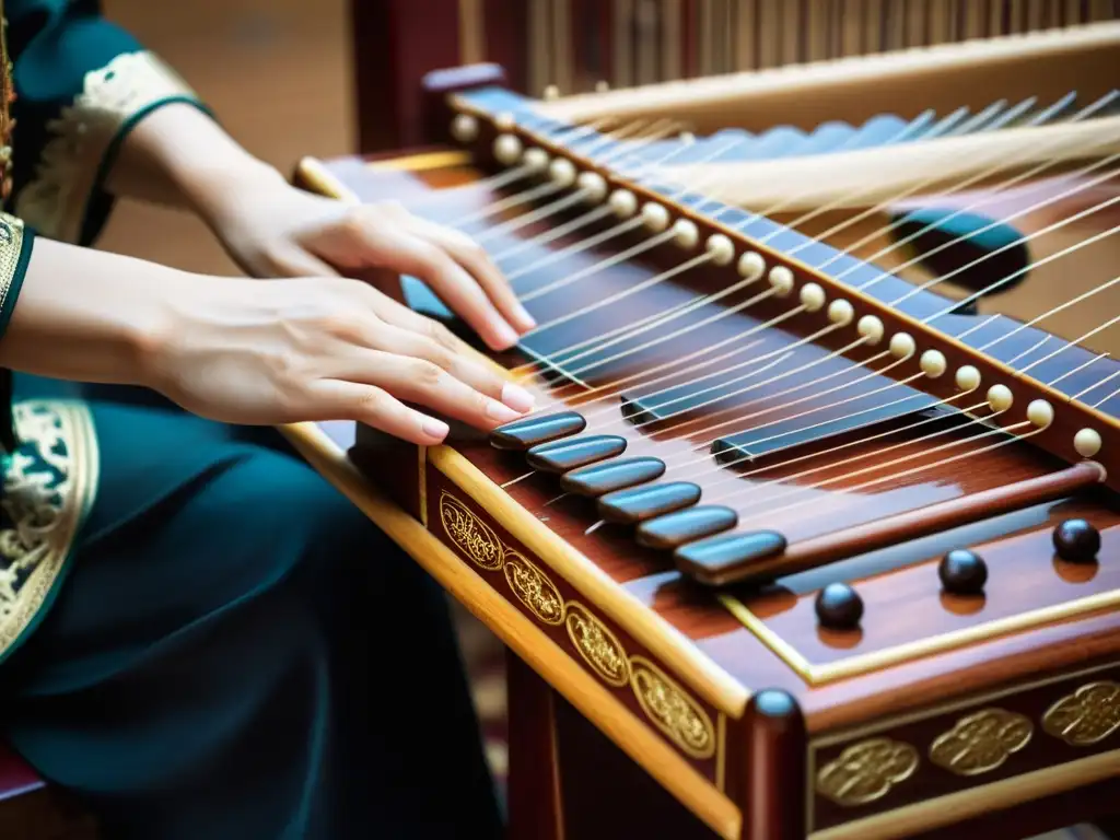 Un músico habilidoso toca el Guzheng, mostrando movimientos precisos y un diseño ornamental