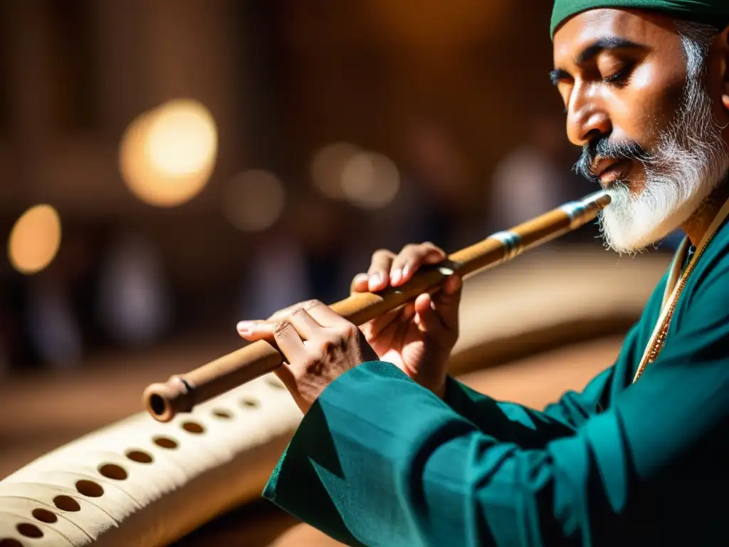 Un músico habilidoso toca el ney en una actuación Sufi, rodeado de una cálida luz