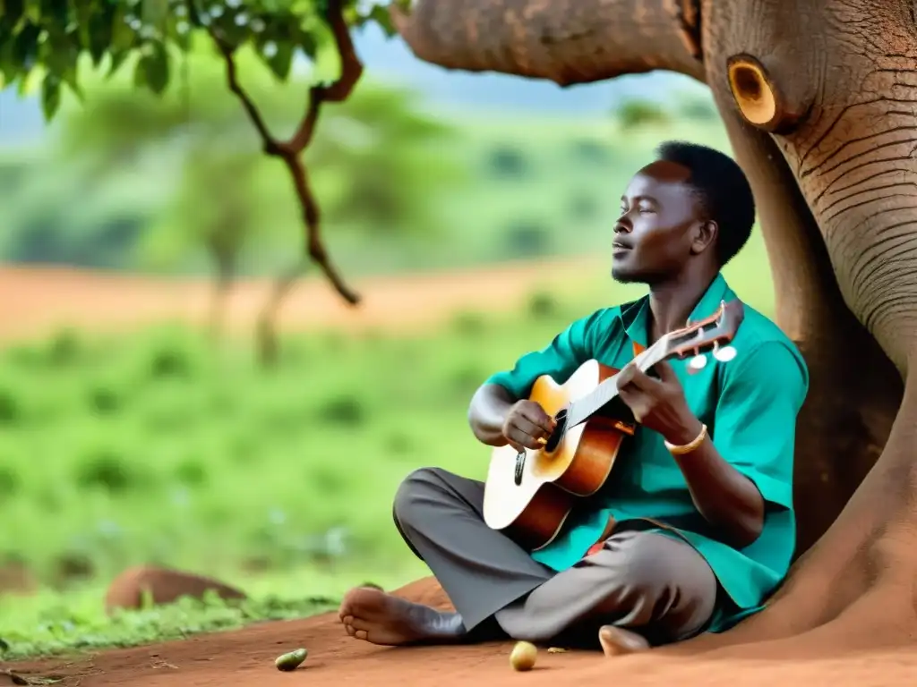 Un músico habilidoso toca el Nyatiti bajo un árbol en Kenia, creando una melodía cautivadora