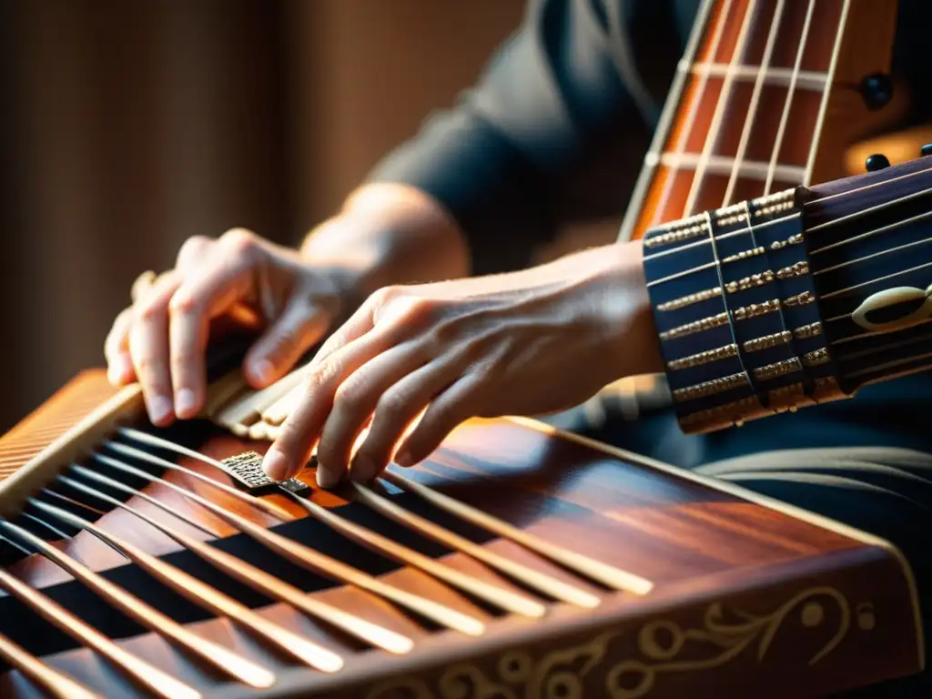 Un músico habilidoso toca apasionadamente el Nyckelharpa, mostrando la rica historia y sonido del instrumento