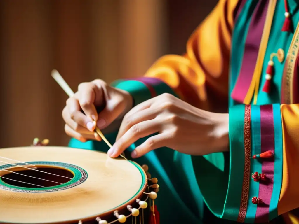 Un músico habilidoso concentra su pasión al tocar el yangqin, con movimientos delicados y vibrantes cuerdas