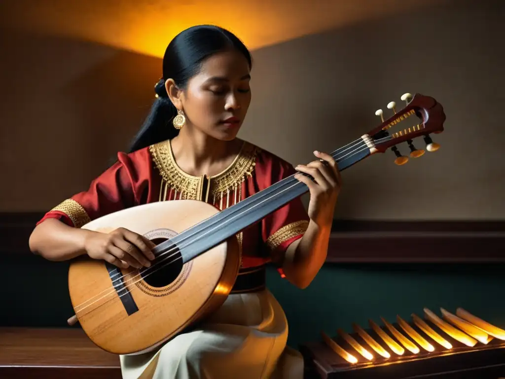 Un músico habilidoso revive la riqueza sonora de Filipinas con su Octavina en una habitación iluminada con calidez y repleta de artefactos históricos