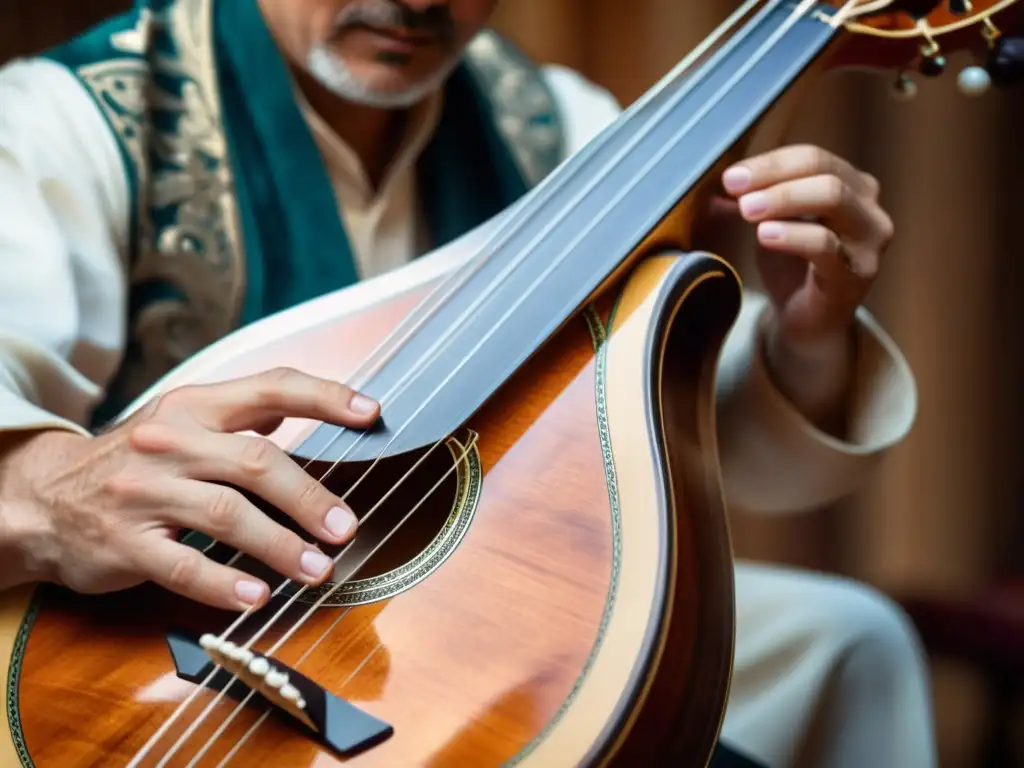 Un músico habilidoso tocando la balalaika rusa, mostrando destreza y pasión en la música folclórica mundial