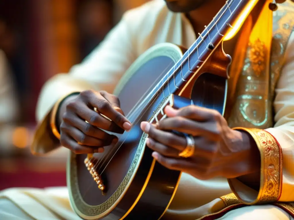 Un músico habilidoso tocando el sarod en una ceremonia religiosa hindú, mostrando intensa concentración y devoción