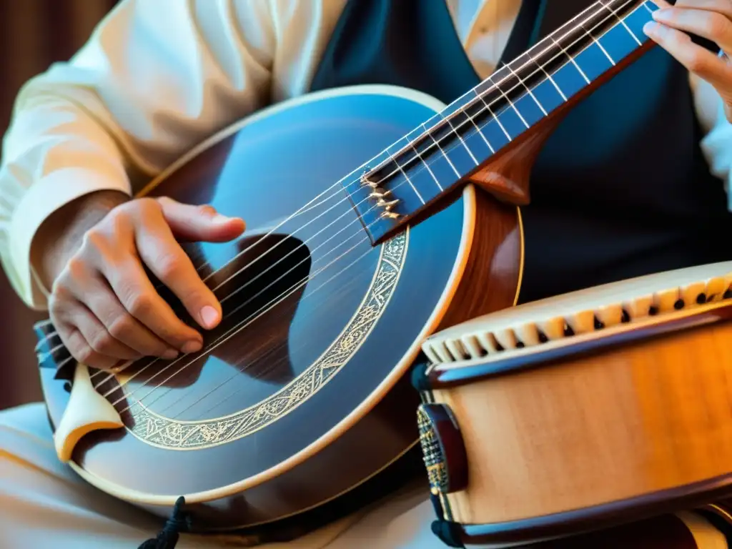 Un músico habilidoso toca con pasión un saz turco, mostrando la historia y sonido del saz turco en cada nota