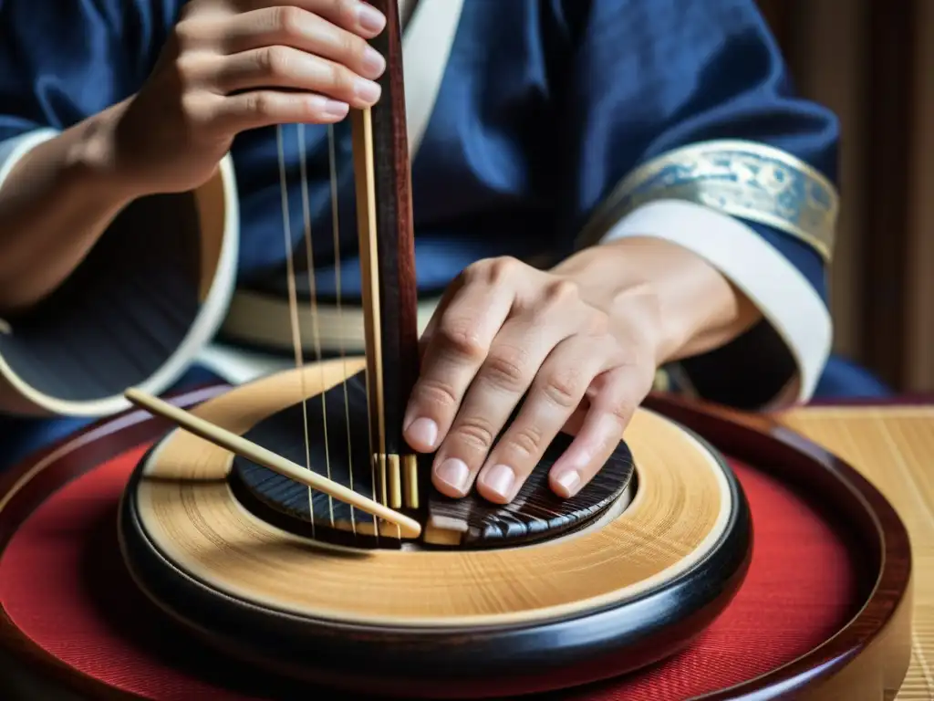 Un músico habilidoso toca el shamisen, mostrando la historia y sonido del instrumento con maestría y pasión