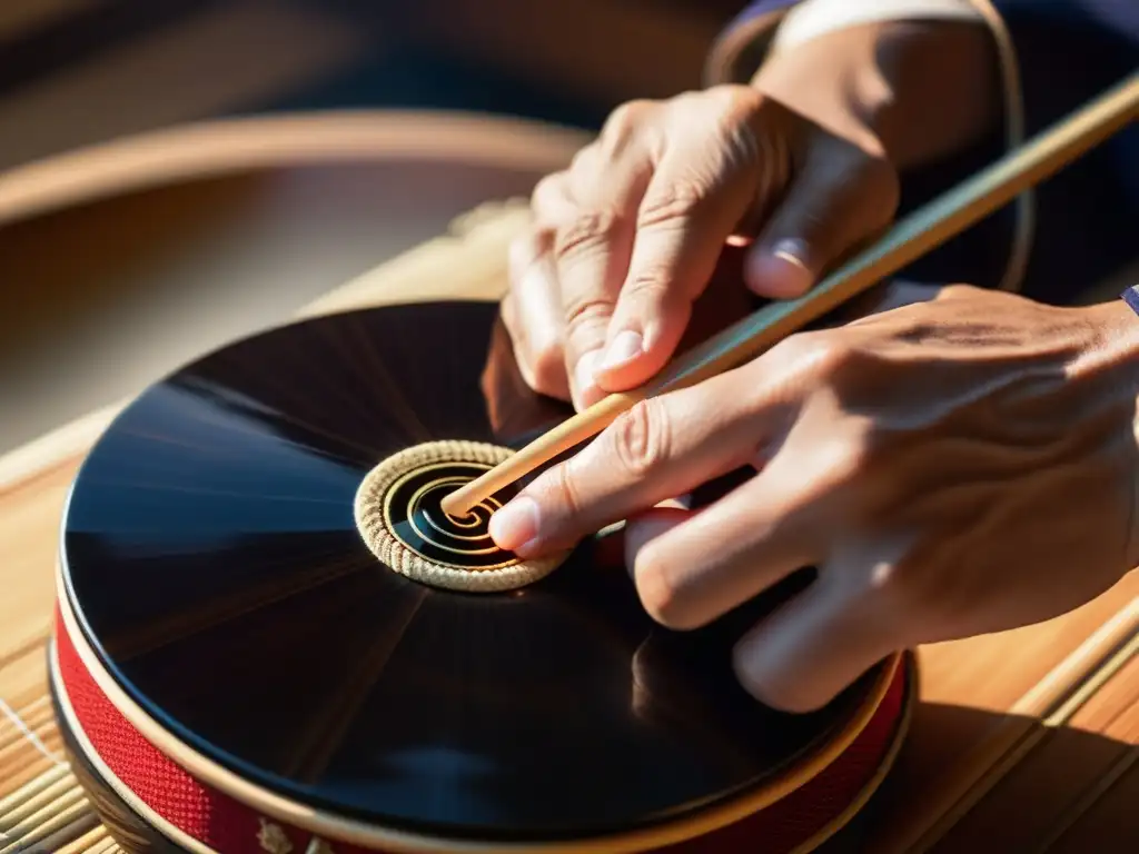 Un músico habilidoso toca el shamisen con precisión, resaltando la importancia del Shamisen en Kabuki