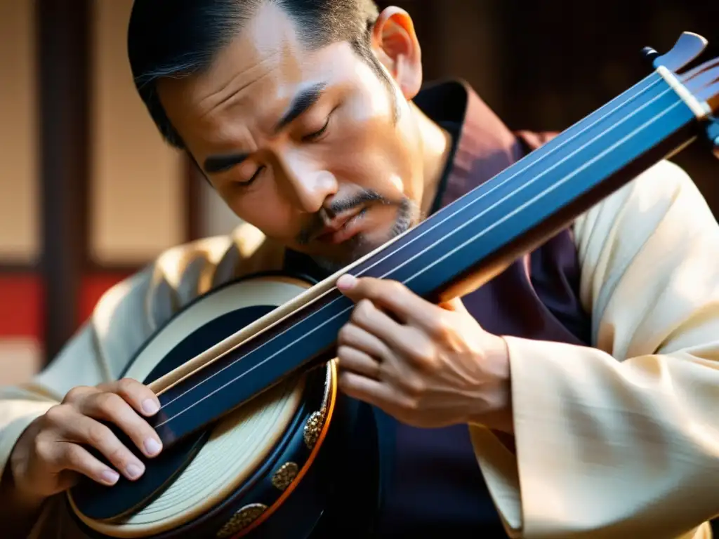 Un músico habilidoso toca el shamisen con intensa concentración, destacando los detalles del instrumento, las manos del músico y su expresión