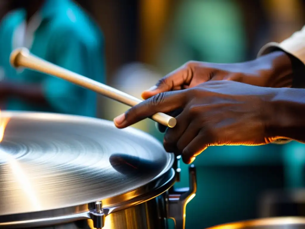 Un músico habilidoso toca el steelpan con precisión, creando tonos vibrantes