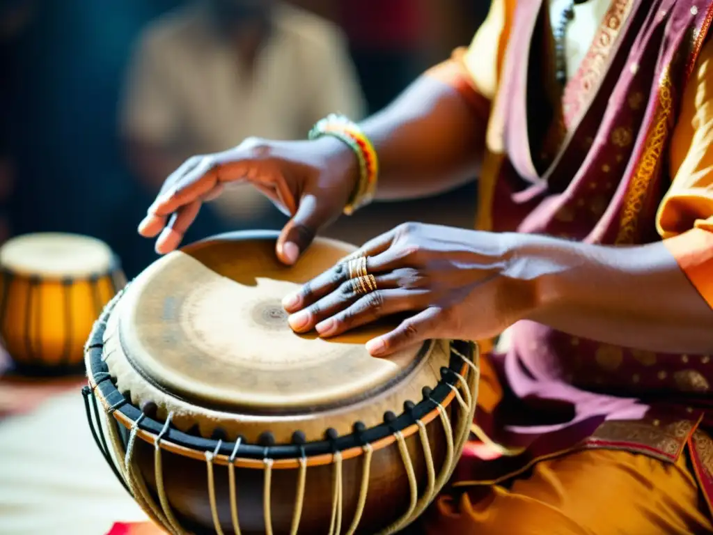 Un músico habilidoso toca una tabla en una actuación de música devocional hindú, transmitiendo reverencia y destreza artística