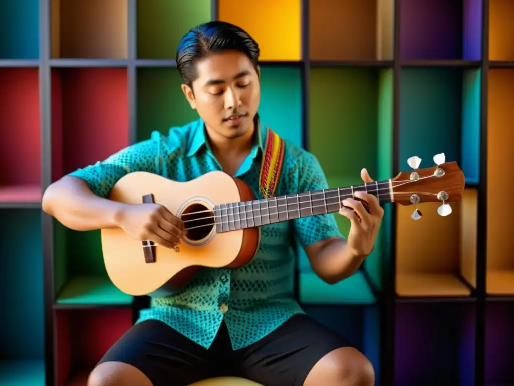 Un músico habilidoso tocando el ukelele con la técnica campanella, rodeado de instrumentos coloridos y partituras, creando melodías encantadoras