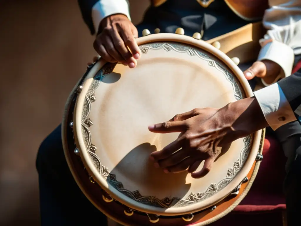 Un músico habilidoso demuestra técnicas de frame drum en Medio Oriente con maestría, resaltando la belleza cultural y musical del tambor