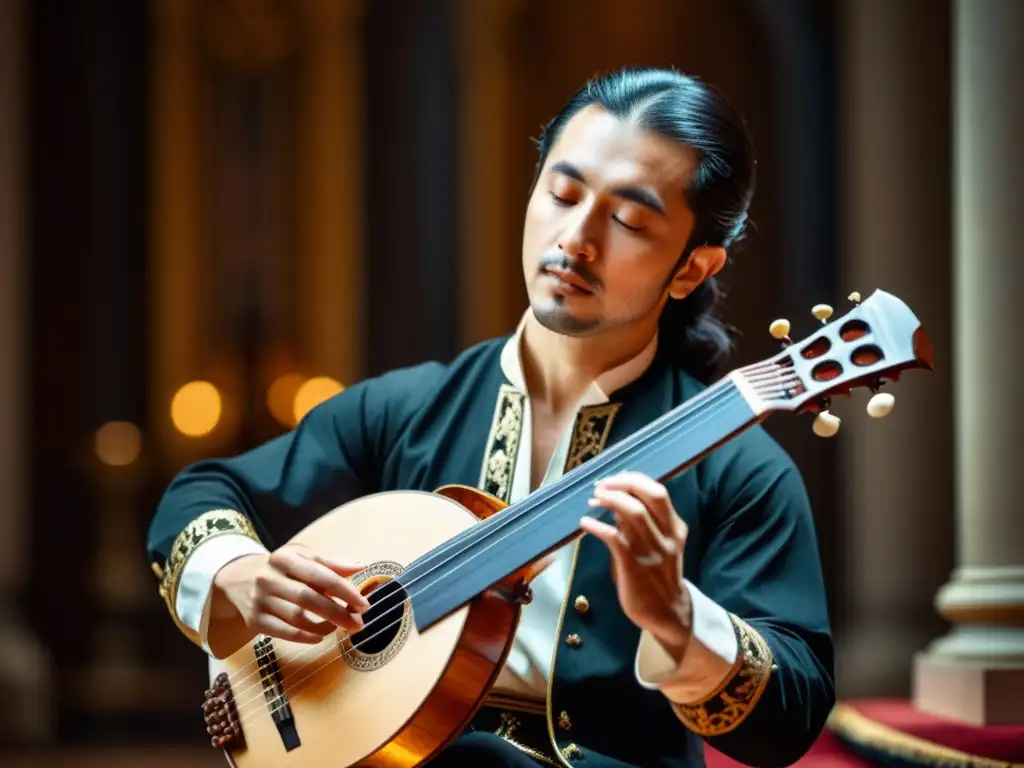 Un músico habilidoso toca el teorbo en un salón barroco, destacando la riqueza del instrumento en la música barroca