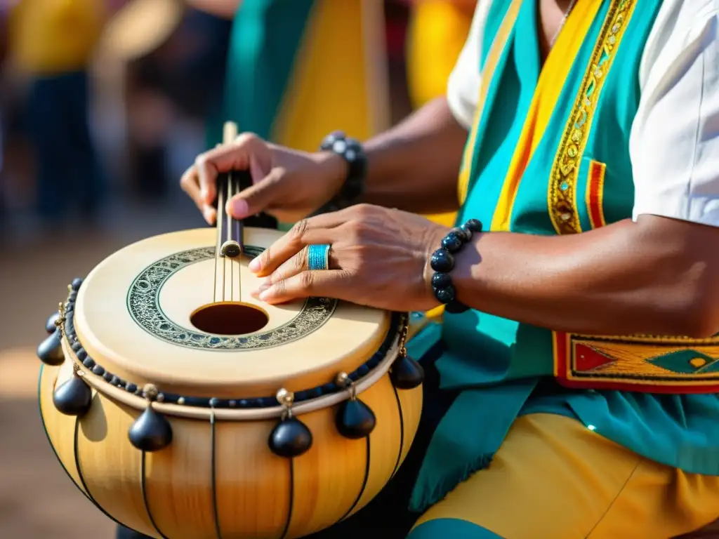 Un músico habilidoso toca el timple canario en un festival animado