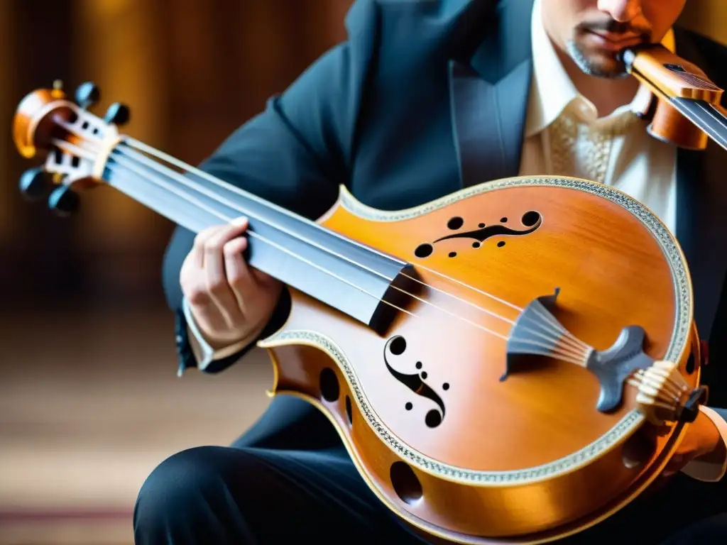 Maestro de la tiorba: Música barroca en detalle Un músico habilidoso toca la tiorba en un escenario barroco exquisitamente decorado