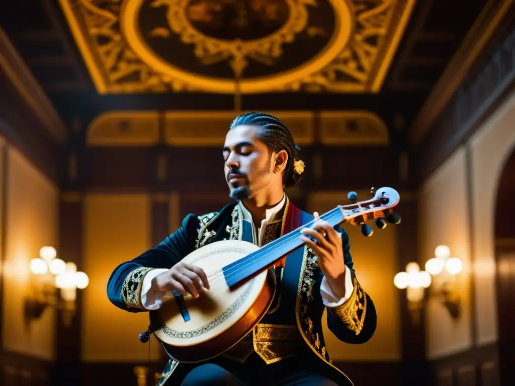 Un músico habilidoso redescubre la tiorba en la música barroca, creando una atmósfera envolvente en un salón ornado y tenue