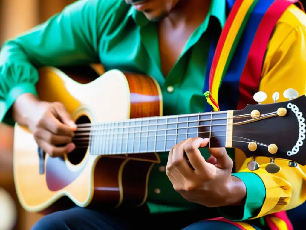 Un músico habilidoso toca un tiple colombiano durante una animada presentación de cumbia o vallenato, capturando la rica historia y sonido del tiple colombiano