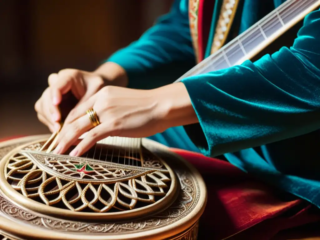 Un músico habilidoso toca el tradicional santur persa con destreza, resaltando sus detalles y la rica historia del Santur Persa