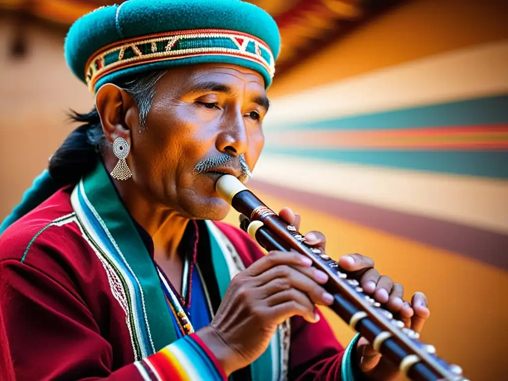 Un músico habilidoso viste traje andino y toca la quena en un ambiente de fusión musical vibrante, destacando el papel de la quena en música de fusión