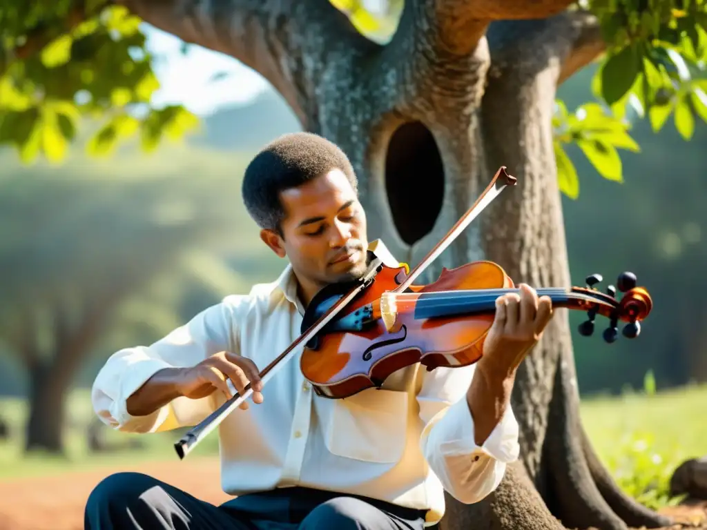 Un músico habilidoso toca la viola caipira bajo un árbol centenario en la campiña brasileña