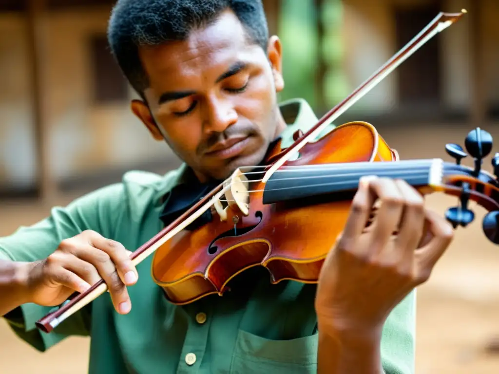 Un músico habilidoso interpreta la viola caipira en un entorno rural, mostrando la conexión con la tradición brasileña