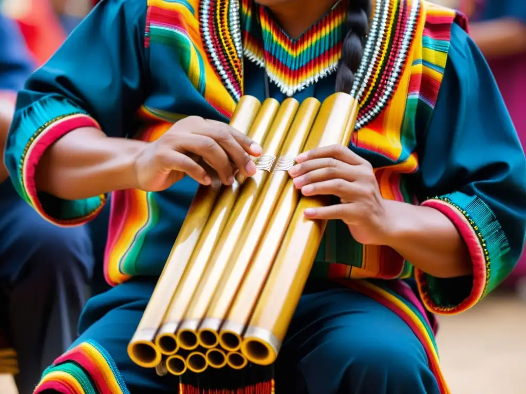 Un músico habilidoso toca una zampoña andina en un festival cultural, creando una composición musical con instrumentos tradicionales