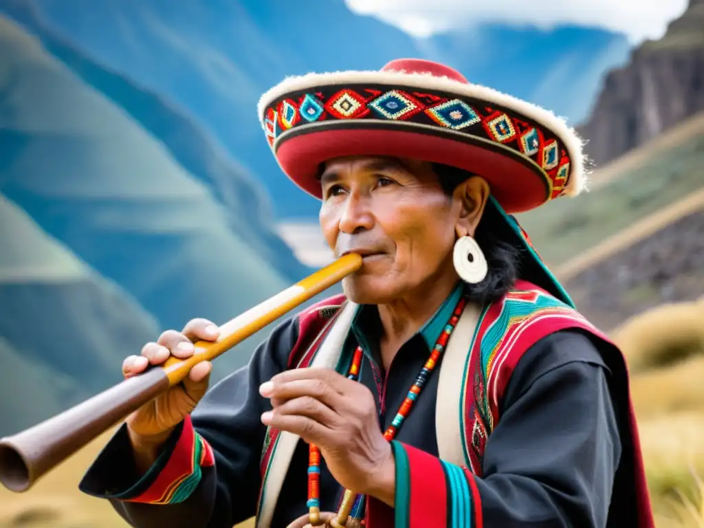 Un músico habilidoso ejecuta la zampoña, mostrando las técnicas de ejecución de la música andina