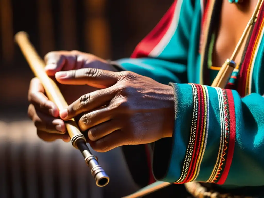 Un músico habilidoso ejecutando la zampoña con técnicas de ejecución de música andina, en un ambiente atmosférico lleno de tradición