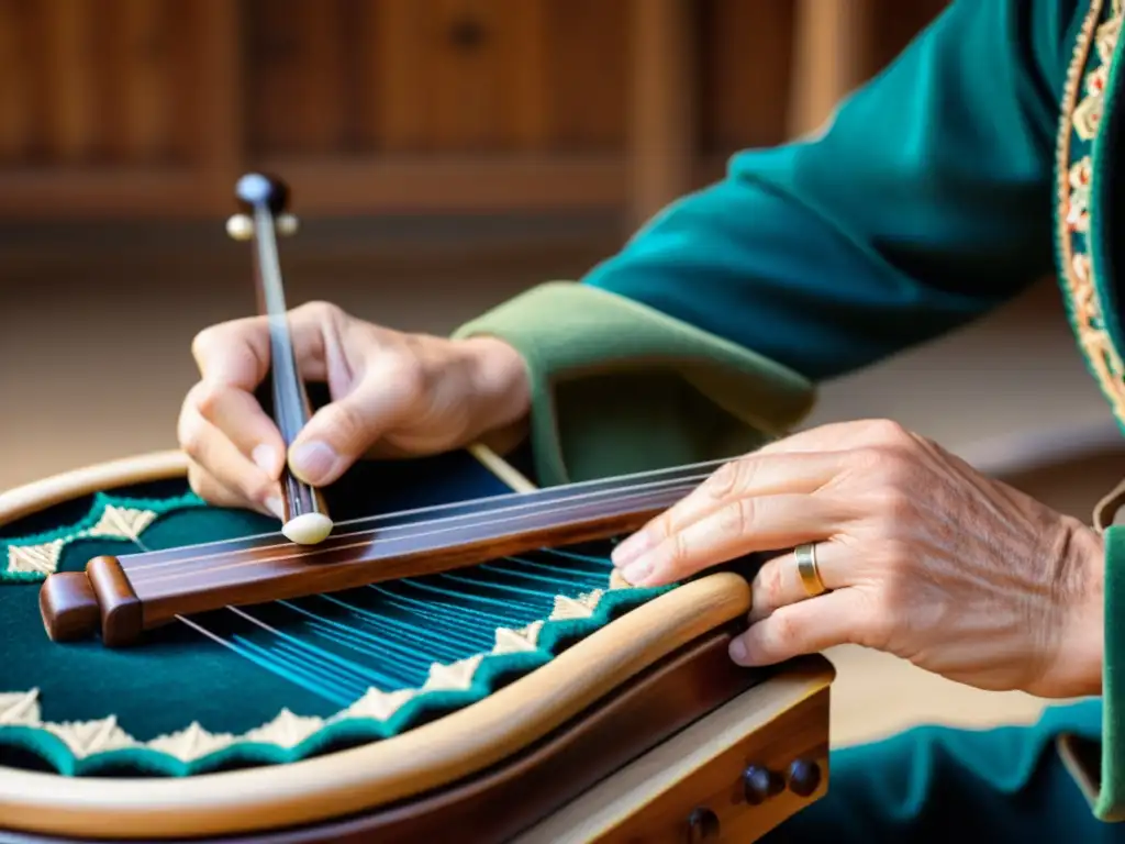 Un músico habilidoso toca una zither alpina en un entorno alpino rústico, destacando la artesanía e historia de este instrumento único