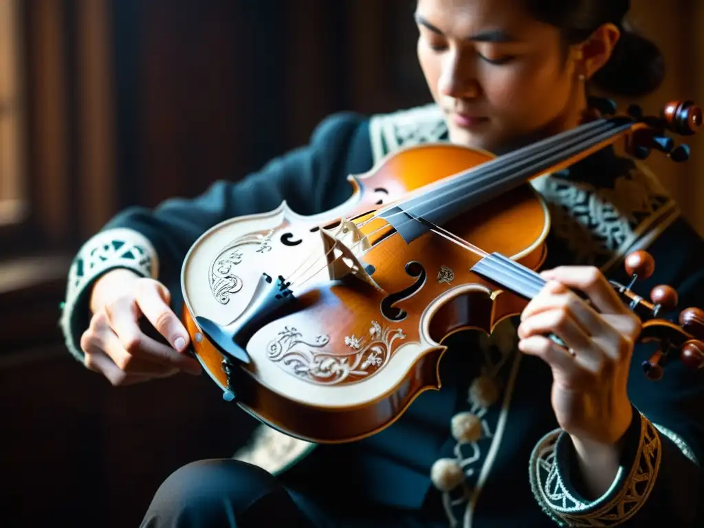 Un músico toca un Hardanger Fiddle en una habitación atmosférica, resaltando la historia y sonido del Hardanger Fiddle