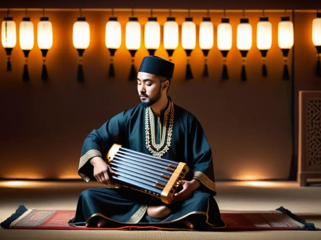 Un músico árabe toca el qanun en una habitación iluminada por cálidas linternas, mostrando la rica historia y el sonido cautivador del qanun árabe