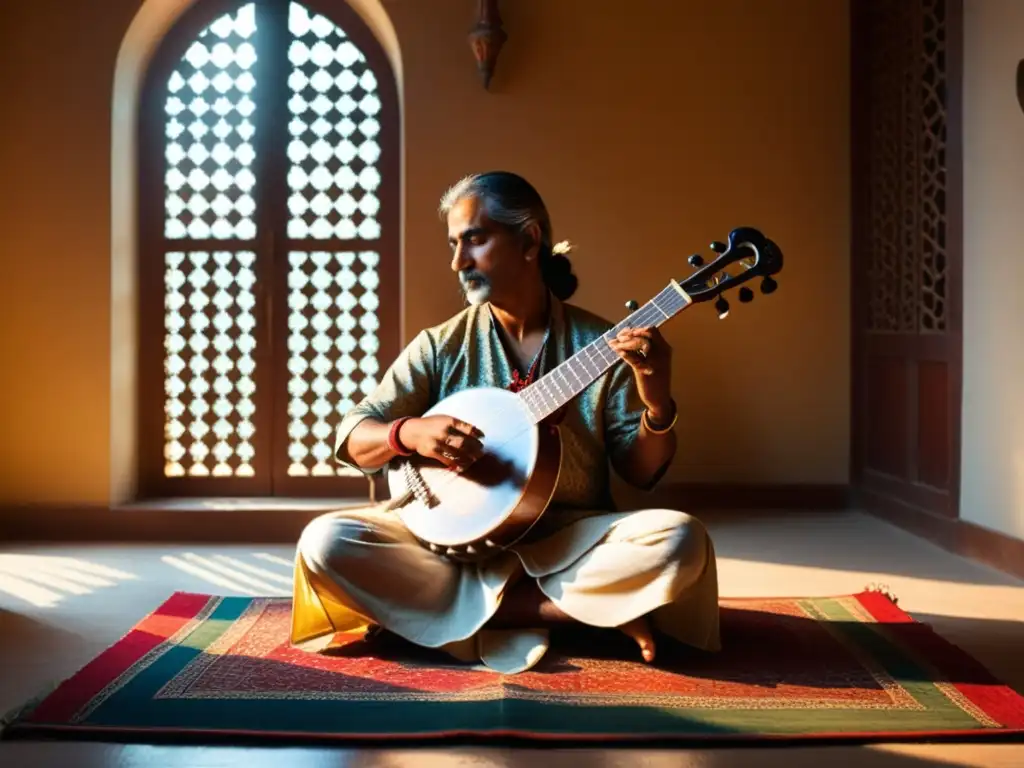 Un músico tocando un sitar en una habitación iluminada por luz solar, con una atmósfera espiritual y rica en cultura hindú