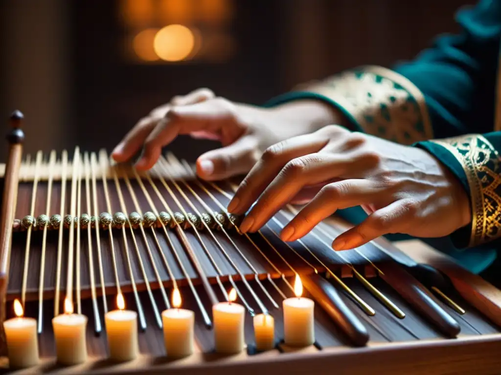 Un músico hábil toca el santur persa en una habitación iluminada por velas, creando una atmósfera de espiritualidad y música sufí