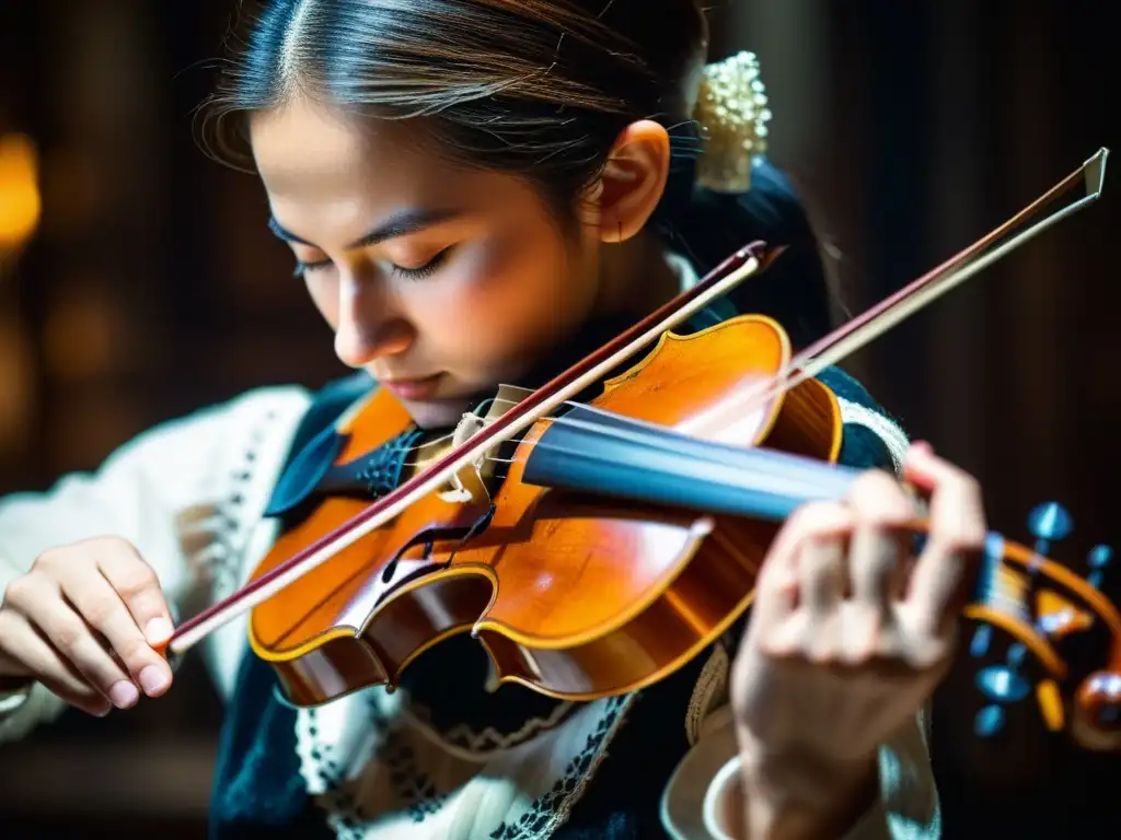 Un músico toca con pasión un Hardanger fiddle en una habitación tenue, revelando la rica historia y sonido del instrumento