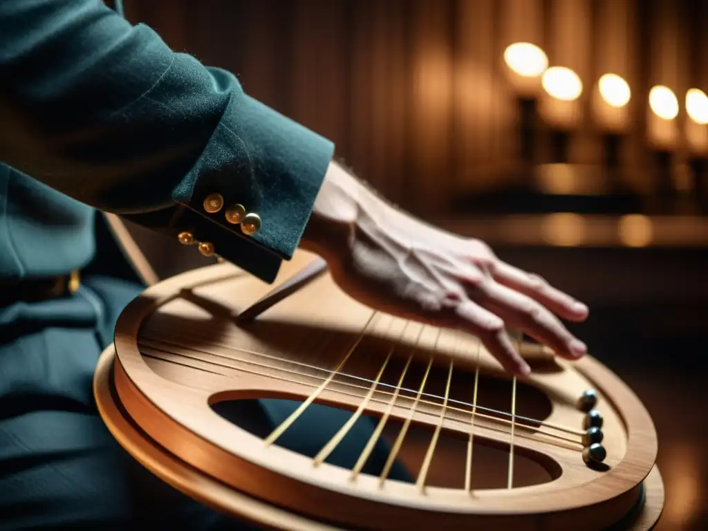 Un músico toca con maestría un Hackbrett de madera en una habitación con atmósfera tenue