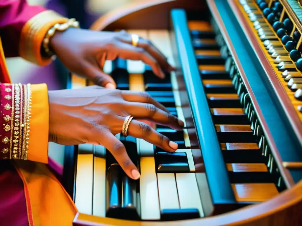 Un músico toca el harmonio durante un vibrante kirtan, sus dedos crean una melodía hipnótica