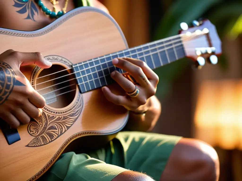 Un músico toca la guitarra hawaiana slack key, deslizando sus dedos con destreza sobre las cuerdas