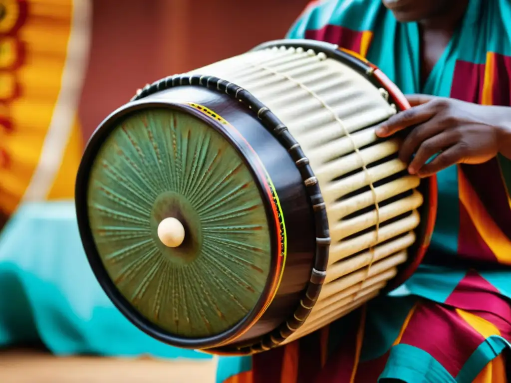 Un músico toca con pasión un tambor parlante Yoruba, destacando su herencia artística e histórica mientras viste atuendo tradicional