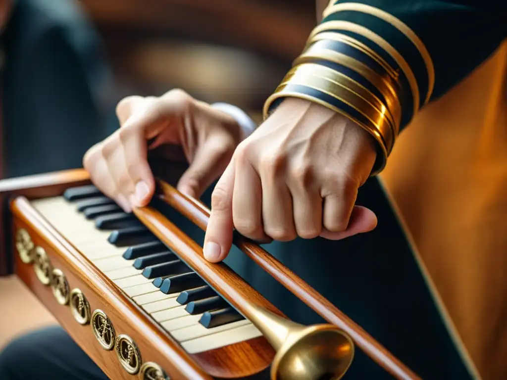 Un músico hábil toca un hermoso Crumhorn, destacando la artesanía detallada del instrumento