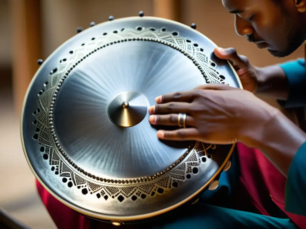 Un músico tocando un hang drum, mostrando el impacto del hang drum en la música a través de su expresión y resonancia