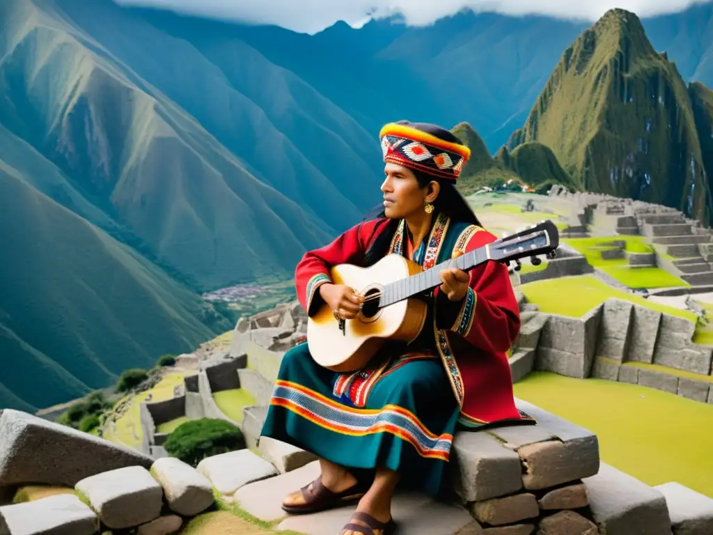 Un músico inca hábil vistiendo atuendo tradicional, tocando las zampoñas frente a majestuosas montañas andinas y antiguas ruinas