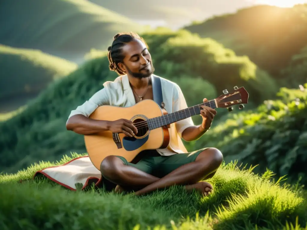 Un músico indie acústico toca la cítara en un prado soleado, conectando con la tradición y la naturaleza