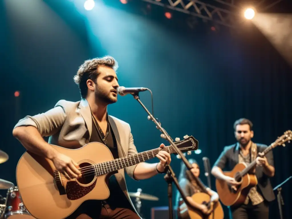 Un músico indie apasionado toca el bouzouki griego en un escenario, fusionando lo tradicional con lo contemporáneo