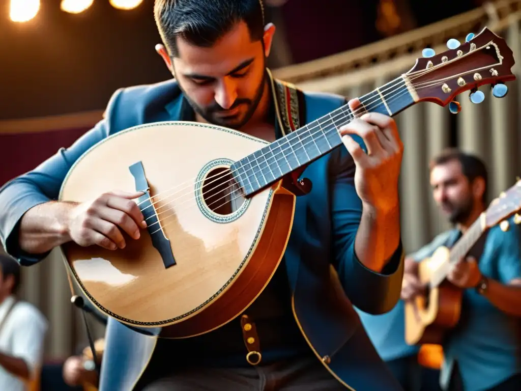 Un músico indie toca un bouzouki griego con pasión en un escenario íntimo, capturando la esencia auténtica de la música indie